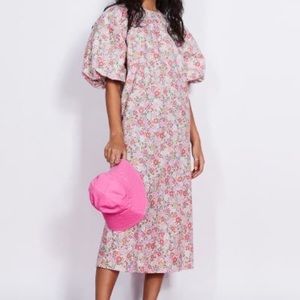 H&M pink floral round neck midi dress with puff sleeves -NWOT